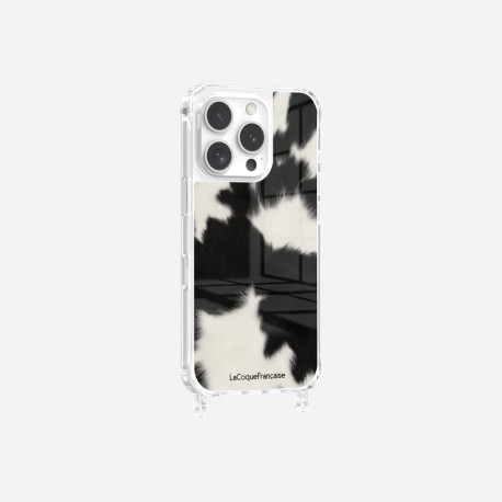 Coque iPhone 16 Pro avec anneau glossy transparente Vache noire Design La Coque Francaise.