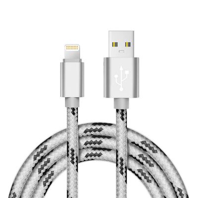 Câble USB Lightning nylon Argent 1m pour iPhone 5/5C/5S/SE/6/6S/6+/6S+/7/7+ & iPad 4/Mini/Air