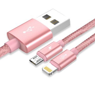 Câble USB 2 en 1 Lightning et Micro Usb nylon Rose gold 2m pour iPhone,Samsung & Wiko