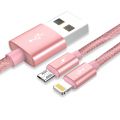 Câble USB 2 en 1 Lightning et Micro Usb nylon Rose gold 2m compatible avec iPhone, Samsung & Wiko
