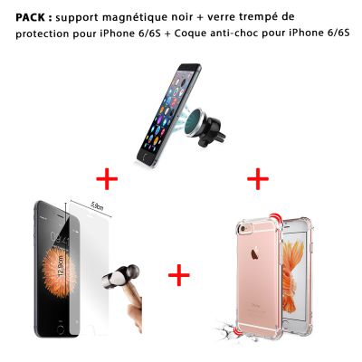 Pack iPhone 6/6s : Coque anti-choc transparente , vitre de protection et support magnétique noir