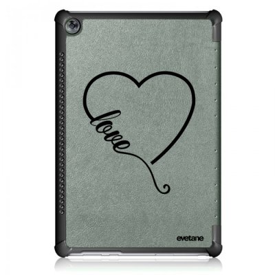 Etui Huawei MediaPad M5 10.8 pouces effet cuir grainé gris Coeur love Ecriture Motif Tendance