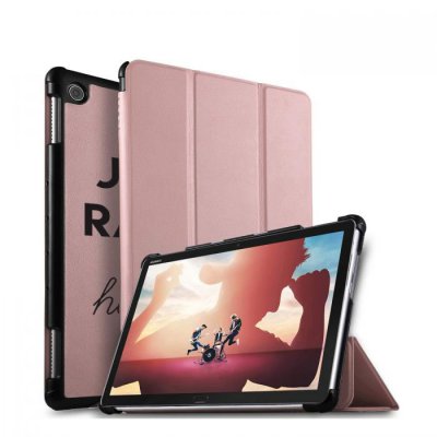 Etui Huawei MediaPad M5 10.8 pouces effet cuir grainé rose gold Raleuse Mais Heureuse Ecriture Motif Tendance