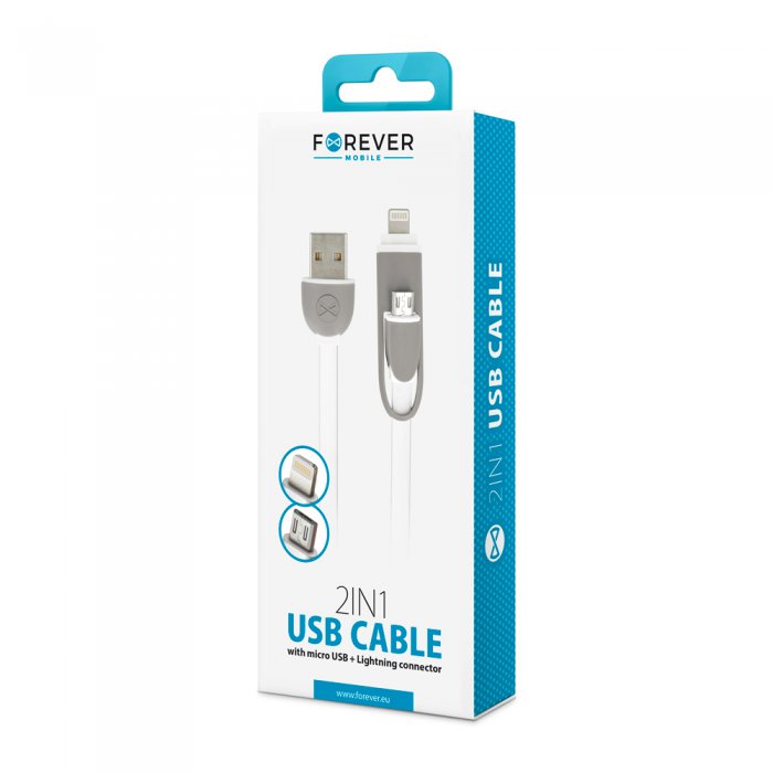 Câble micro-USB 2 en 1 compatible avec iPhone en silicon - blanc