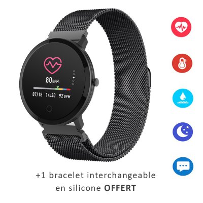 Montre connectée multi-fonctions IP67 avec bracelet modifiable (silicone ou métallisé) Noir