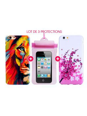 Pack essentiel pour iPhone 6+/6S+ : Coque Lion Color + Coque Fleur + Pochette Waterproof