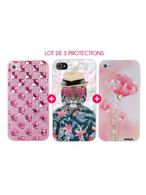 Pack 3 Protections Fashions pour iPhone 4/4S : Coque Crystaux + Coque Tigre tropic + Coque Fleur Strass