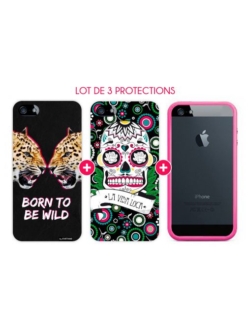 Pack essentiel pour iPhone 5/5S : Bumper Rose + Coque Vida Loca + Coque Born To Be Wild