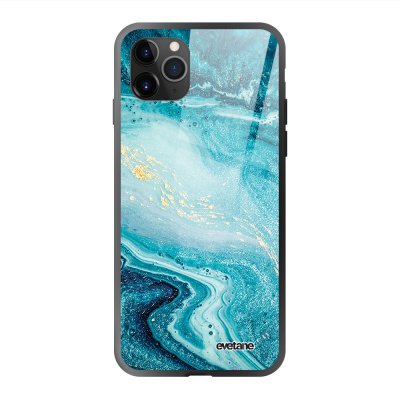 Coque en verre trempé iPhone 11 Pro Bleu Nacré Marbre Ecriture Tendance et Design Evetane.