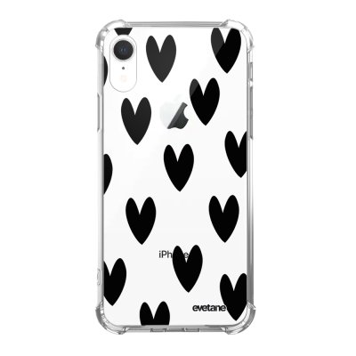 Coque iPhone Xr anti-choc souple angles renforcés transparente Coeurs Noirs Evetane.