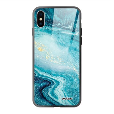 Coque en verre trempé iPhone Xs Max Bleu Nacré Marbre Ecriture Tendance et Design Evetane.
