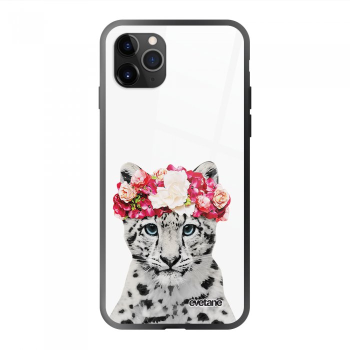 Coque en verre tremp&eacute; iPhone 11 Pro Max Leopard Couronne Ecriture Tendance et Design Evetane.