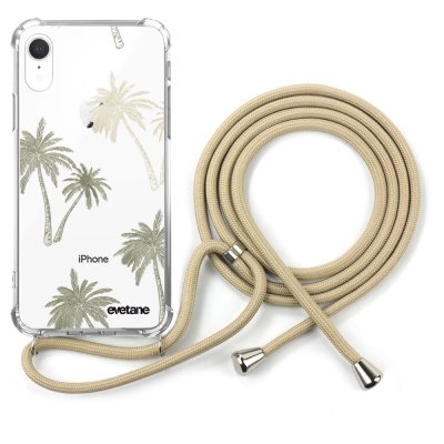 Coque iPhone XR anti-choc silicone avec cordon Beige - Palmiers