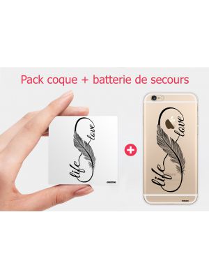 Pack essentiel motif Love Life iPhone 6/6S : Batterie de secours 2600mAh + Coque transparente