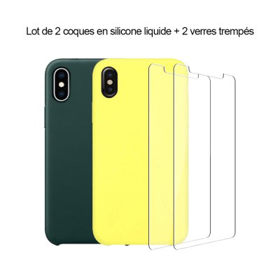 Lot 2 Coques iPhone X/XS silicone liquide Vert Forêt et Jaune Fluo + 2 vitres en verre trempé de protection