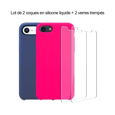 Lot 2 Coques iPhone 7/8 silicone liquide Bleu Foncé et Rose Fushia + 2 vitres en verre trempé de protection