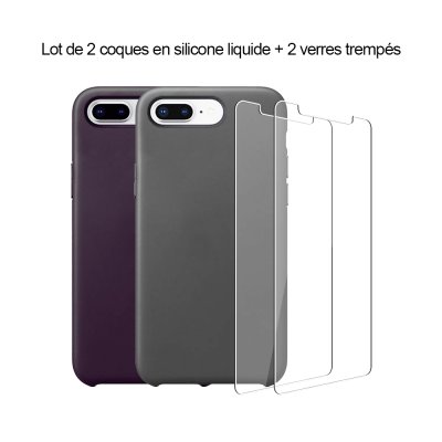 Lot 2 Coques iPhone 7 Plus/8 Plus silicone liquide Gris et Aubergine+ 2 vitres en verre trempé de protection