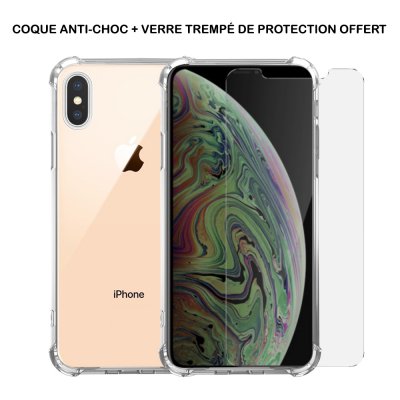 Coque iPhone Xs Max anti-choc transparente et vitre de protection en verre transparente