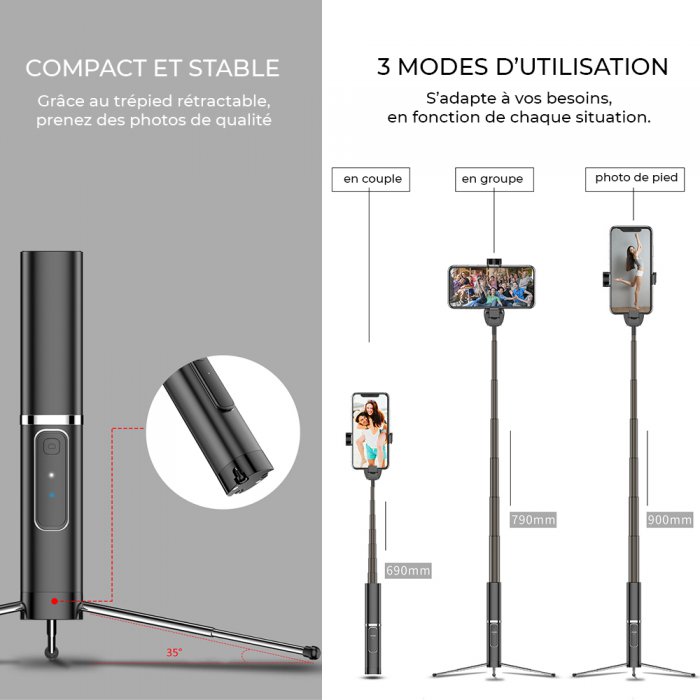 Perche Selfie Sans-fil Bluetooth avec Fonction Trépied Rotatif à 360° LinQ  Noir