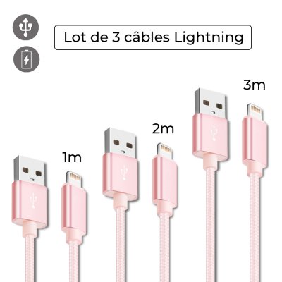 Lot 3 câbles Lightning 1 m-2m-3m rose