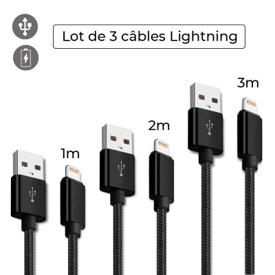 Lot 3 câbles Lightning 1 m-2m-3m noir