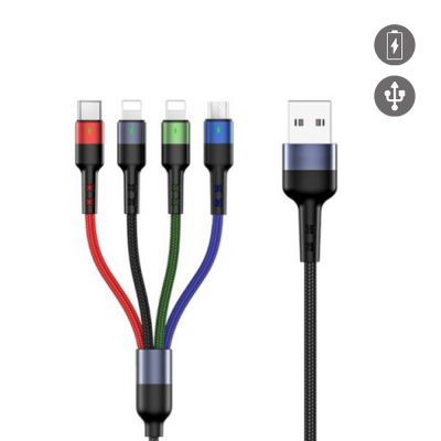 Câble en nylon de charge 2A- 3 m : 4 en 1 lighnting(x2) ,micro USB et Type C