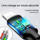 Câble en nylon de charge 2A- 3 m : 4 en 1 lighnting(x2) ,micro USB et Type C